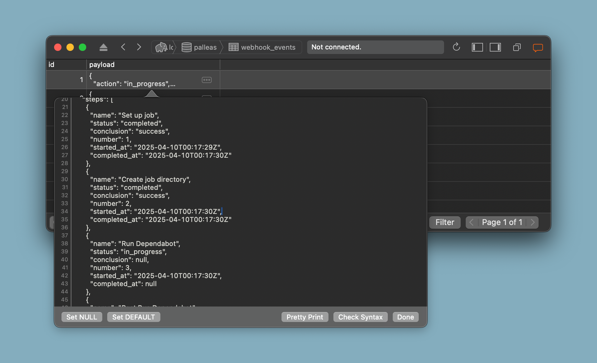 A JSON column is presented like any others in Postico, but you’re able to pretty-print and check syntax 