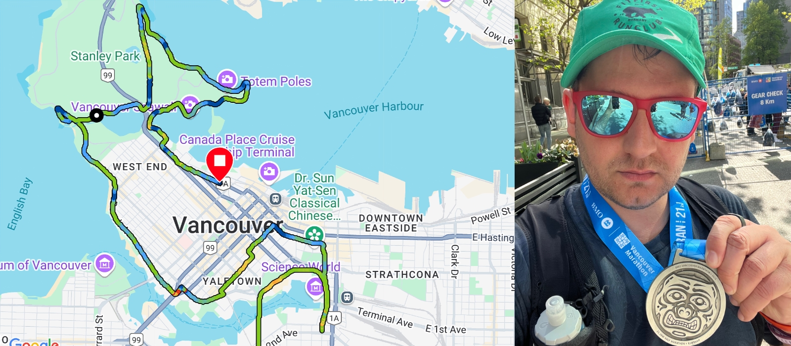 A picture of myself wearing a green cap and holding a medal, on top of a map showing the itenerary of the race 